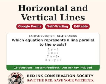 May include: An educational resource titled Algebra 1: Horizontal and Vertical Lines. It features a sample question about lines parallel to the x-axis, with options A through D. Includes labels for Google Forms, Self-Grading, and Editable.