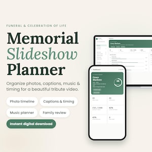 May include: A digital memorial slideshow planner interface displayed on a laptop and smartphone screen. The text reads Funeral & Celebration of Life Memorial Slideshow Planner, with buttons for photo timeline, captions, music, and review.