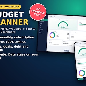 Op de afbeelding: Een digitale budgetplanner weergegeven op een tablet- en smartphonescherm. De interface bevat een dashboard met financiële grafieken, spaardoelen en uitgavencategorieën. Tekst bevat BUDGET PLANNER, NO MONTHLY FEES en Offline HTML Web App.