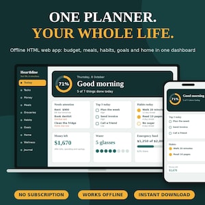 Aplikacja internetowa HTML Digital Life Planner, offline'owy planer budżetu, śledzenie nawyków, planer posiłków, menedżer zadań, planer celów, bez subskrypcji