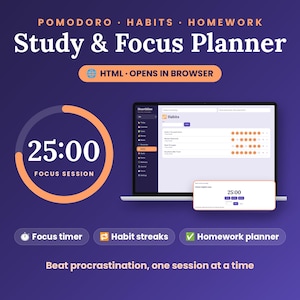 Può includere: Un pianificatore digitale di studio e concentrazione con timer Pomodoro, tracker delle abitudini e pianificatore dei compiti. L'interfaccia mostra un timer di sessione da 25:00, una lista di abitudini e un layout browser su un laptop.