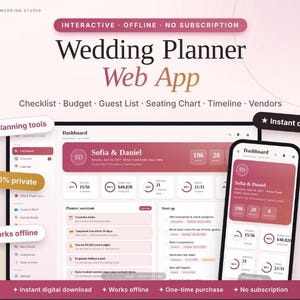 以下が含まれることがあります： デスクトップモニターとスマートフォンに表示されたインタラクティブな結婚式プランナーウェブアプリ。インターフェースには、チェックリスト、予算、ゲストリスト、座席表、タイムライン、ベンダー追跡機能を含むダッシュボードが赤と白の色調で表示されています。
