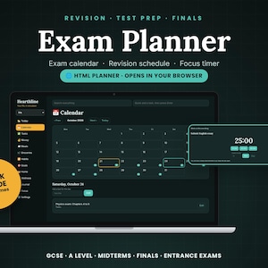 May include: A digital exam planner displayed on a laptop screen featuring a calendar, revision schedule, and focus timer. The interface includes text labels like Exam Planner, HTML PLANNER, and DARK MODE +3 themes on a dark background.