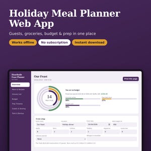 May include: A digital Holiday Meal Planner Web App interface on a dark purple background. The screen displays an overview dashboard with a circular countdown, budget progress bars, and event setup fields for guests and dates.