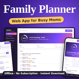 Könnte beinhalten: Eine digitale Familienplaner-Web-App-Oberfläche auf einem Desktop-Monitor und zwei Mobilgeräten. Das violette Dashboard zeigt Aufgabenlisten, Essenspläne und Fortschrittsbalken mit Texten wie Family Planner, Web App for Busy Moms, NestWise und Good morning, Sarah.