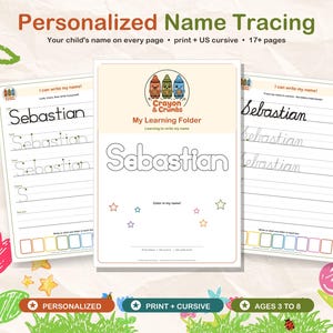 Puede incluir: Carpeta de aprendizaje de trazado de nombres personalizada con más de 17 páginas que incluyen estilos de letra de imprenta y cursiva. La portada muestra el logo de Crayon & Crumbs y el nombre Sebastian en contorno.