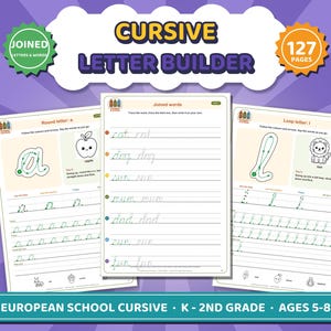 May include: A 127-page Cursive Letter Builder workbook featuring three white pages with green cursive tracing exercises, letter formation guides, and illustrations of an apple, lion, ant, and ladybug for K-2nd grade students.