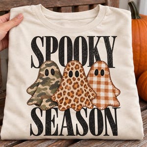 Spooky Season Patchwork Ghosts PNG, Camo Leopard Gingham Ghost Design, Retro Halloween Sublimation Graphic