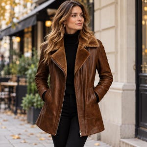 Women’s Brown Leather Coat, Vintage Biker Style, Ladies Winter Streetwear, Faux Fur Collar, Asymmetric Zip, Longline Fit