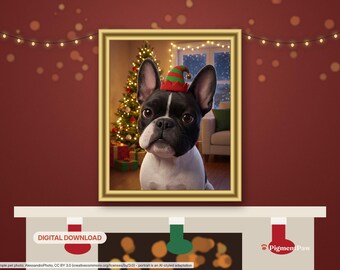 May include: A framed digital portrait of a black and white French Bulldog wearing a red and green elf hat with a small bell. The background shows a decorated Christmas tree with lights and presents in a cozy room setting.