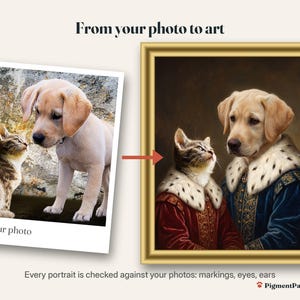 Before and after: original photo of a tabby kitten and cream puppy next to the finished 2-pet portrait
