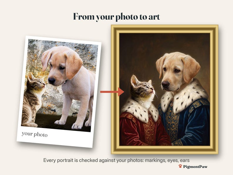 Before and after: original photo of a tabby kitten and cream puppy next to the finished 2-pet portrait