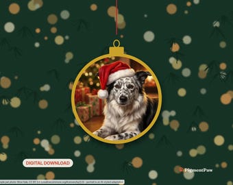 May include: A round gold-colored Christmas ornament frame containing a portrait of a black and white spotted dog wearing a red and white Santa hat. The background features wrapped gifts and a tree. Text reads DIGITAL DOWNLOAD and PigmentPaw.