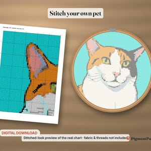 Cross Stitch Pattern: printed cross stitch chart of a calico cat next to an embroidery hoop with a stitched-look preview