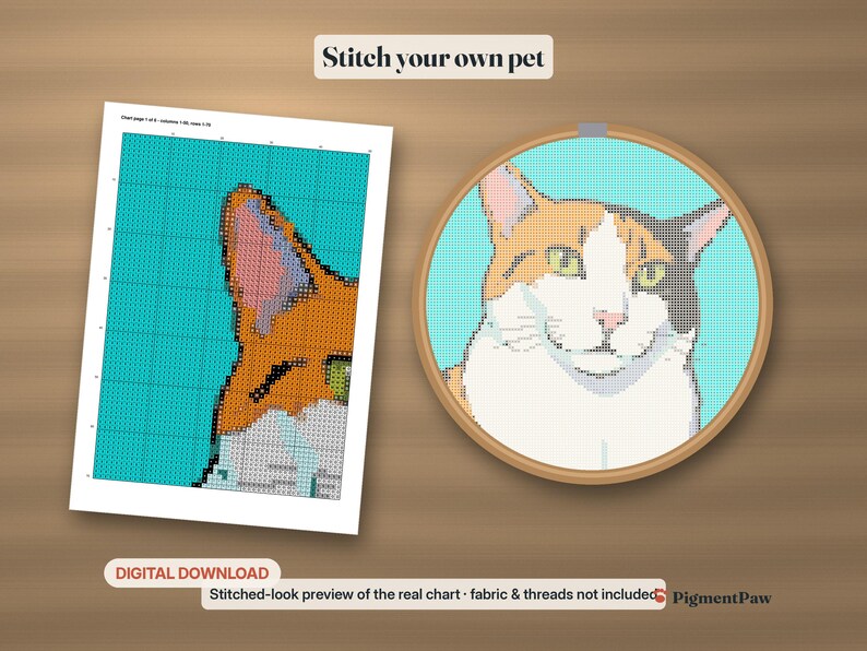 Cross Stitch Pattern: printed cross stitch chart of a calico cat next to an embroidery hoop with a stitched-look preview