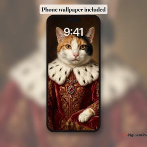Phone lock screen with the calico cat portrait as wallpaper (included)