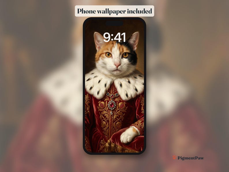Phone lock screen with the calico cat portrait as wallpaper (included)