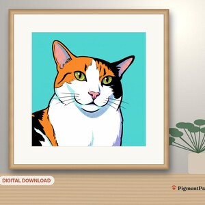 Pop Art Portrait: framed AI-styled portrait of a calico cat in a room setting