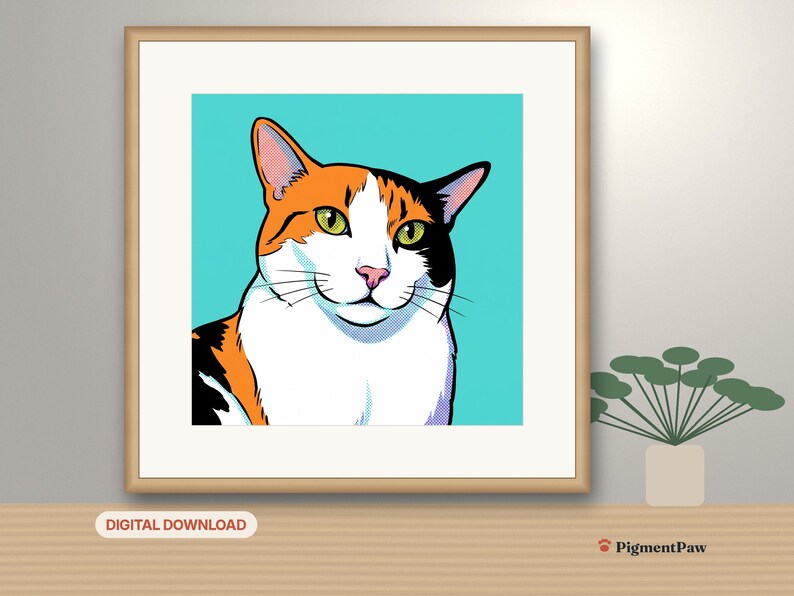 Pop Art Portrait: framed AI-styled portrait of a calico cat in a room setting