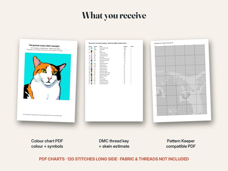 What you receive for the cross stitch pattern: the digital files included in this listing