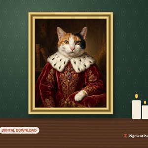 Royal Portrait: framed AI-styled portrait of a calico cat in a room setting