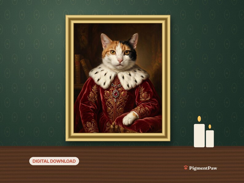Royal Portrait: framed AI-styled portrait of a calico cat in a room setting