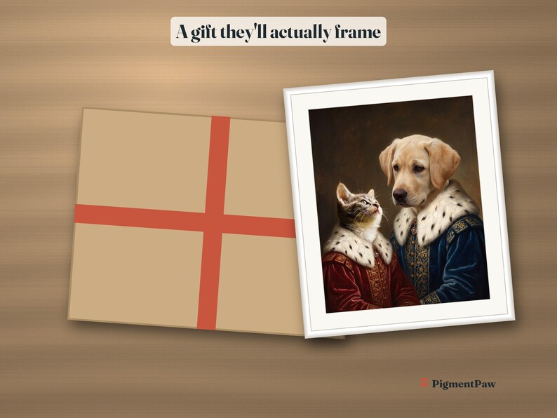Gift idea: the 2-pet portrait framed next to a gift box
