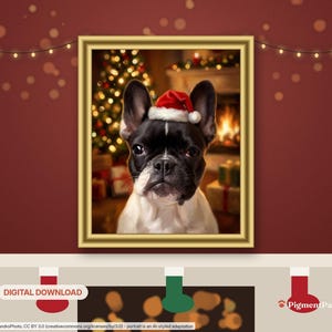 Christmas Portrait: framed AI-styled portrait of a black-and-white French Bulldog in a room setting