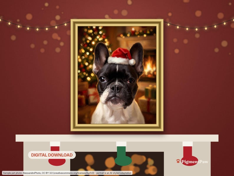 Christmas Portrait: framed AI-styled portrait of a black-and-white French Bulldog in a room setting