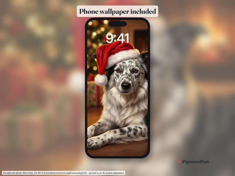 Phone lock screen with the black-and-white ticked Border Collie portrait as wallpaper (included)