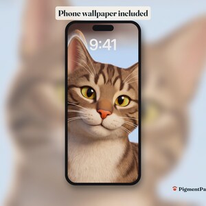 Phone lock screen with the tabby cat portrait as wallpaper (included)