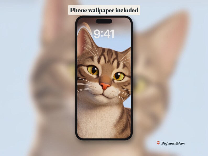 Phone lock screen with the tabby cat portrait as wallpaper (included)