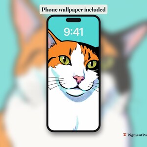 Phone lock screen with the calico cat portrait as wallpaper (included)