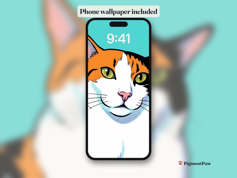 Phone lock screen with the calico cat portrait as wallpaper (included)