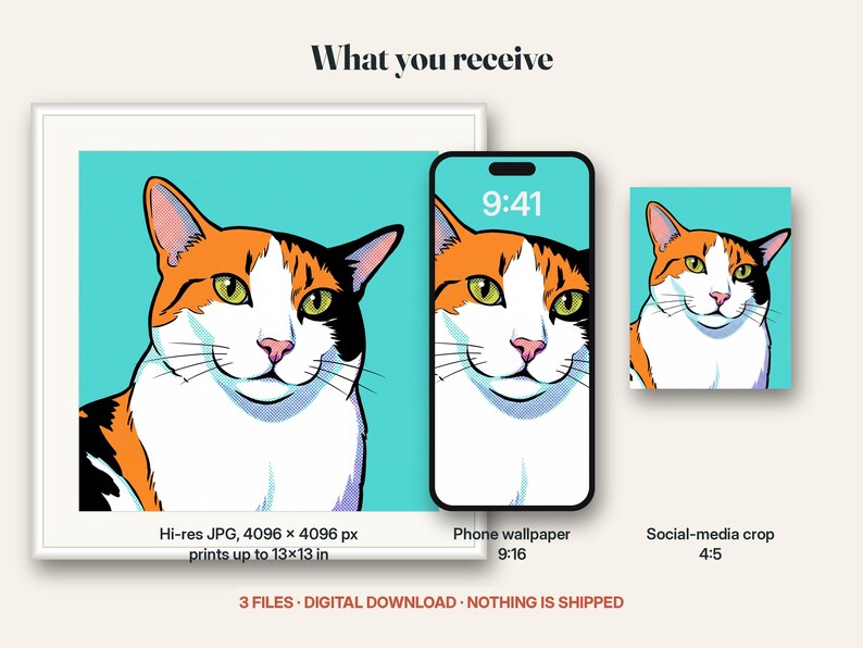 What you receive for the pop art portrait: the digital files included in this listing