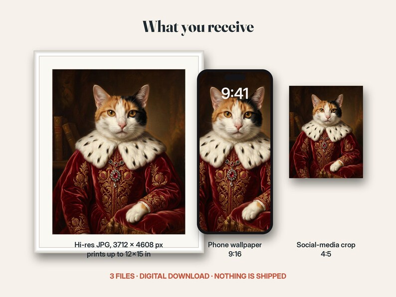 What you receive for the royal portrait: the digital files included in this listing