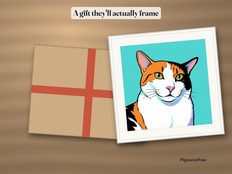 Gift idea: the pop art portrait framed next to a gift box
