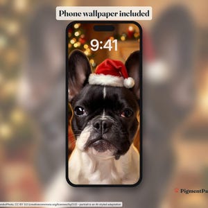 Phone lock screen with the black-and-white French Bulldog portrait as wallpaper (included)
