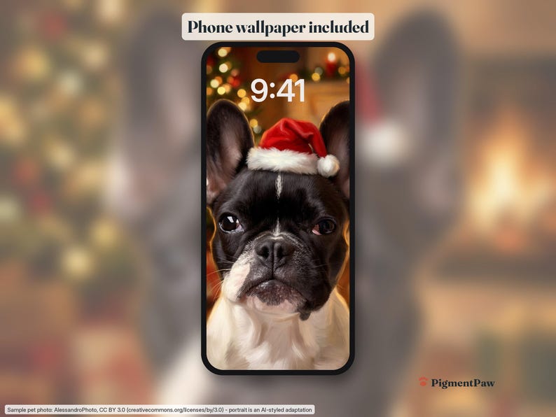 Phone lock screen with the black-and-white French Bulldog portrait as wallpaper (included)