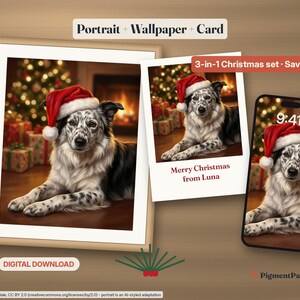 Christmas Gift Bundle: framed Christmas portrait of a black-and-white ticked Border Collie, printable card and phone wallpaper laid out on a table