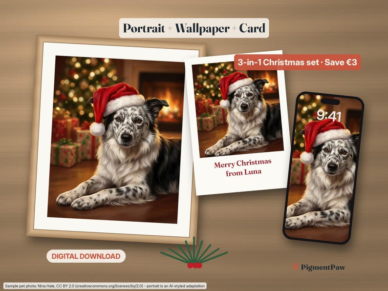 Christmas Gift Bundle: framed Christmas portrait of a black-and-white ticked Border Collie, printable card and phone wallpaper laid out on a table
