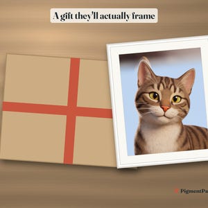 Gift idea: the 3d cartoon portrait framed next to a gift box