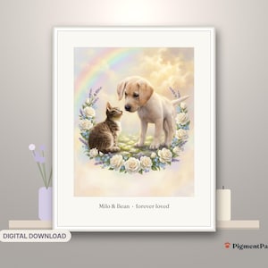 Memorial Portrait: framed AI-styled portrait of a tabby kitten and cream puppy in a room setting