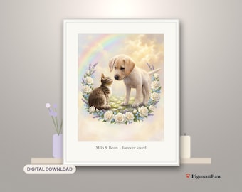 Retrato personalizado de mascota con flores, regalo de condolencia por la pérdida de un perro o un gato (descarga digital)