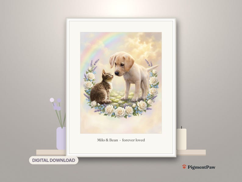 Memorial Portrait: framed AI-styled portrait of a tabby kitten and cream puppy in a room setting