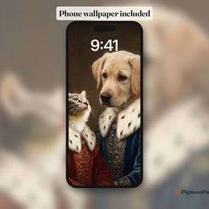 Phone lock screen with the tabby kitten and cream puppy portrait as wallpaper (included)