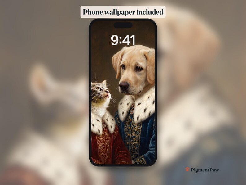 Phone lock screen with the tabby kitten and cream puppy portrait as wallpaper (included)