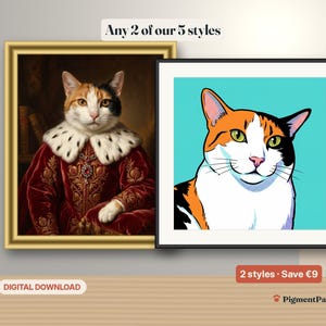 2 Styles Bundle: the same calico cat as a Royal portrait and as a Pop Art portrait in two frames