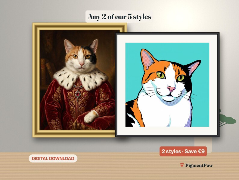 2 Styles Bundle: the same calico cat as a Royal portrait and as a Pop Art portrait in two frames