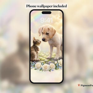 Phone lock screen with the tabby kitten and cream puppy portrait as wallpaper (included)